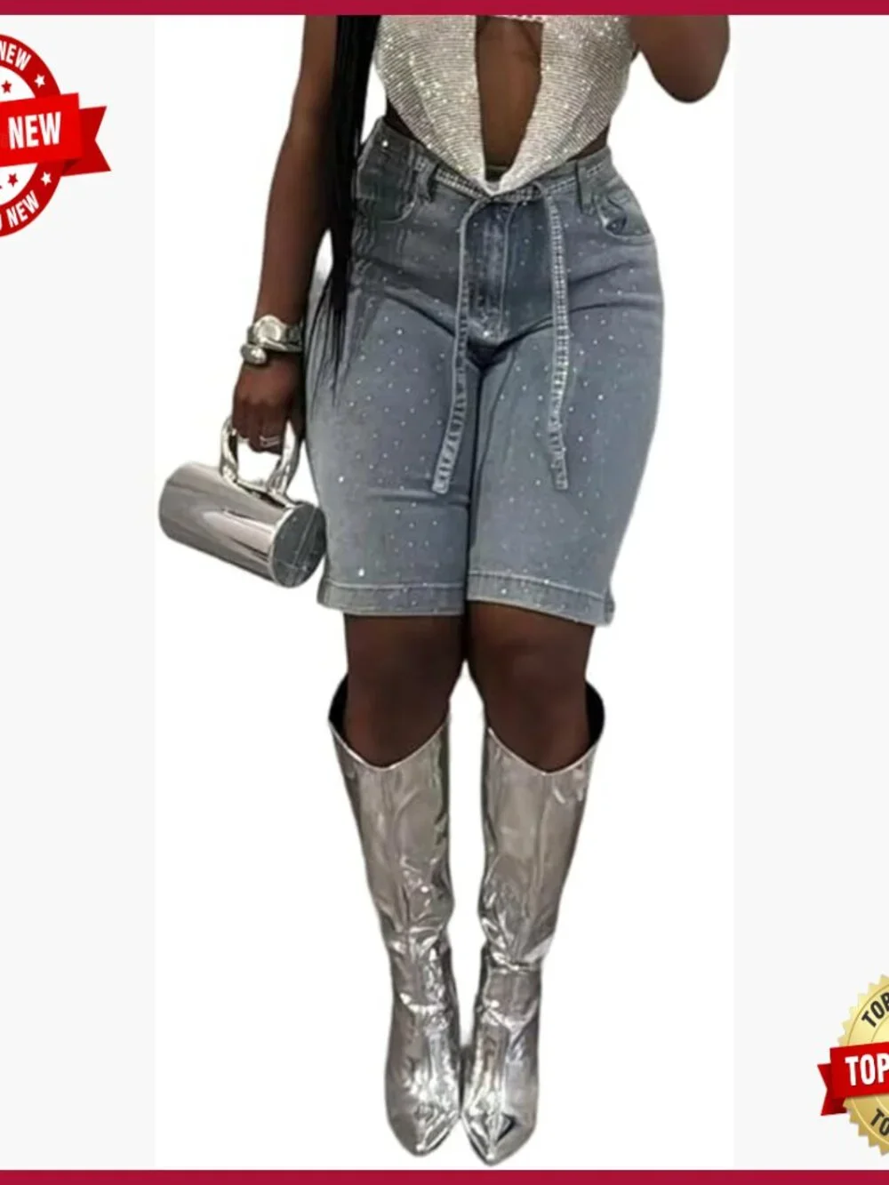 Baggy Denim Bermuda Shorts Pearl Rhinestones Knee Length Jorts